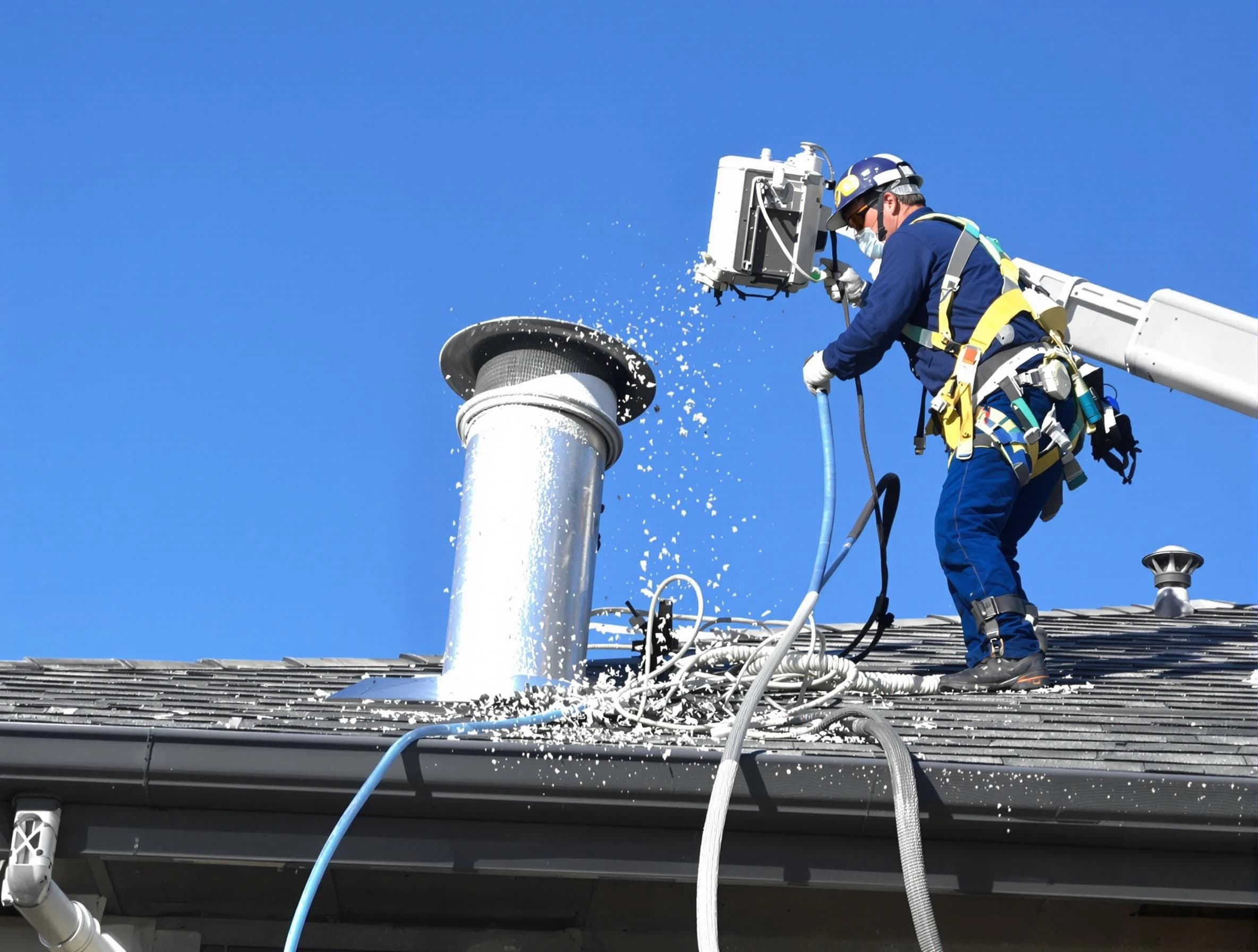 North Ogden Dryer Vent Cleaning certified technician safely cleaning a roof-mounted dryer vent in North Ogden