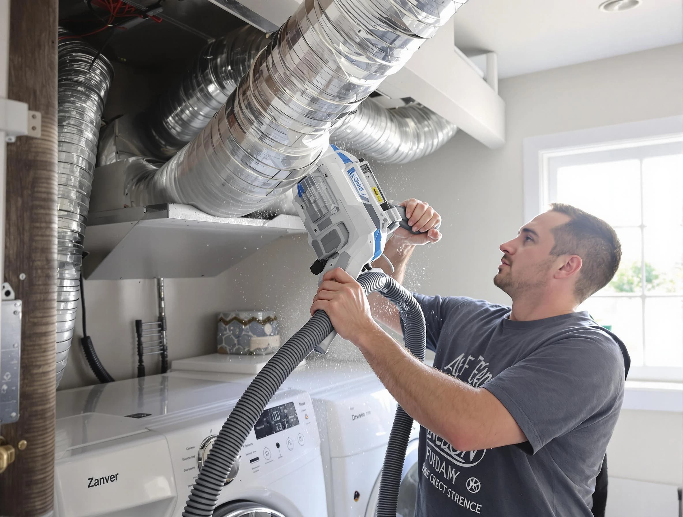 North Ogden Dryer Vent Cleaning specialist cleaning deep within a dryer vent duct system in North Ogden