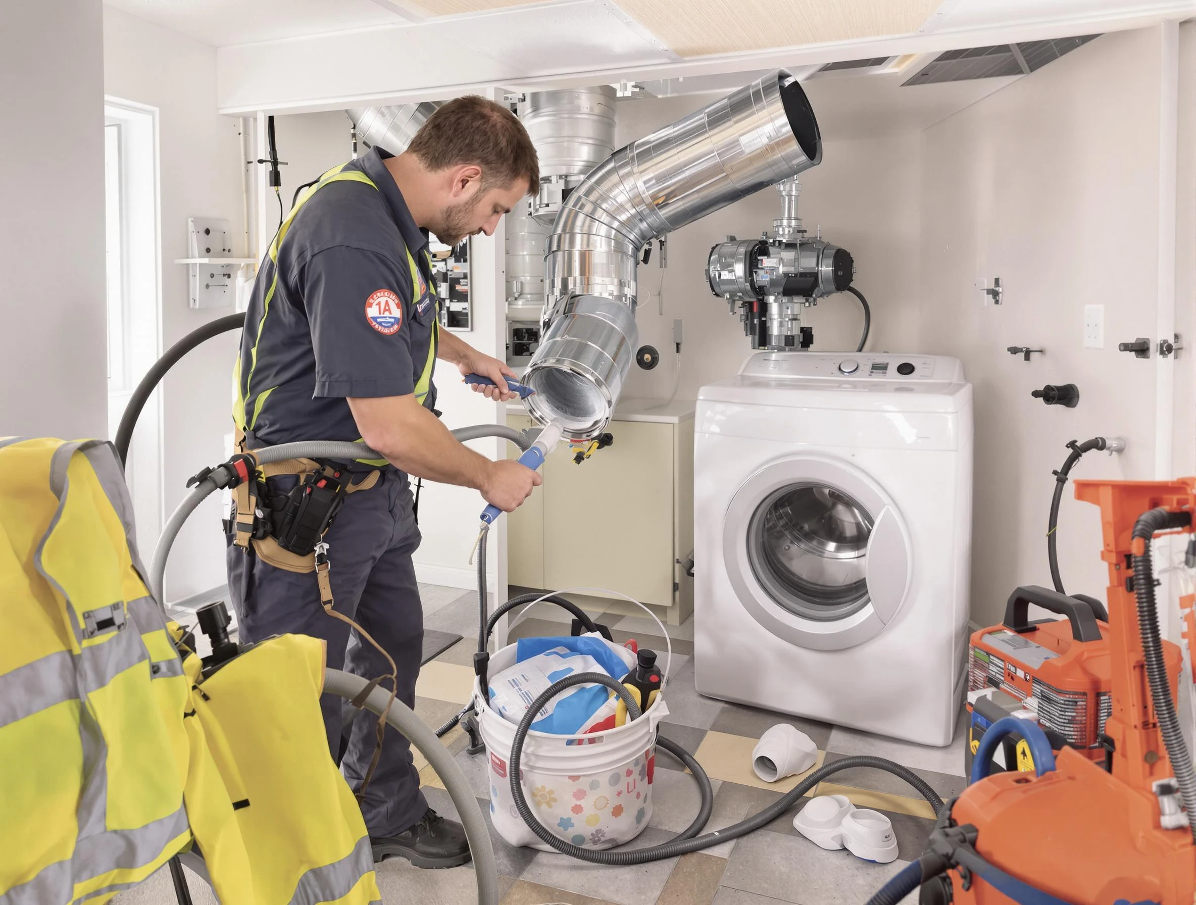 North Ogden Dryer Vent Cleaning technician using specialized equipment to clear severe dryer vent blockage in North Ogden