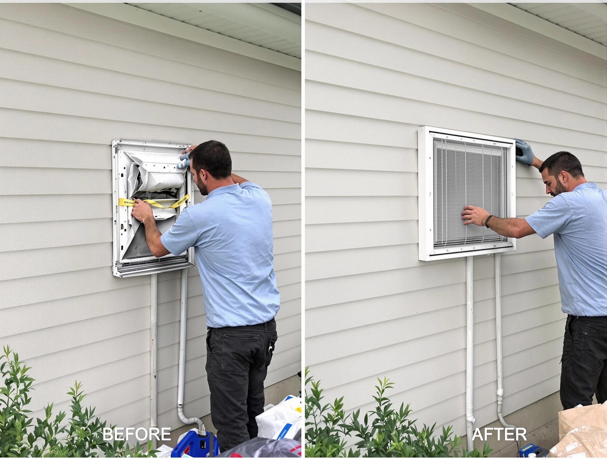 North Ogden Dryer Vent Cleaning technician installing high-quality dryer vent cover at a residential property in North Ogden